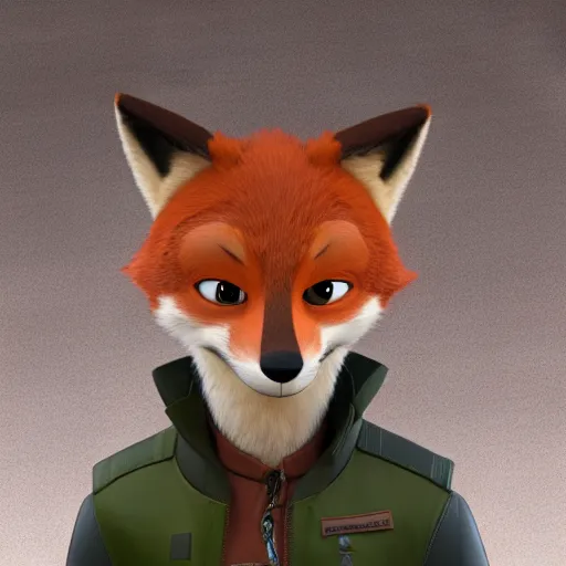 Image similar to 3 d render, portrait, anthropomorphic fox, male, in a brown leather maxi jacket, in the style of zootopia, closeup