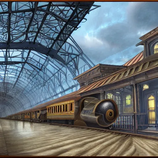 Image similar to realistic digital painting of a steampunk train station, Victorian, futuristic