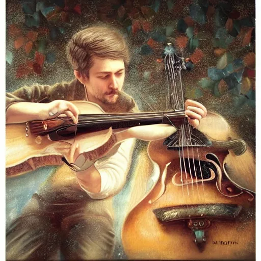 Image similar to ultra realist soft painting of folk musicians playing fiddle, mandolin, acoustic guitar, symmetry accurate features, very intricate details, focus, artstyle Hiraku Tanaka and Tom Bagshaw, award winning