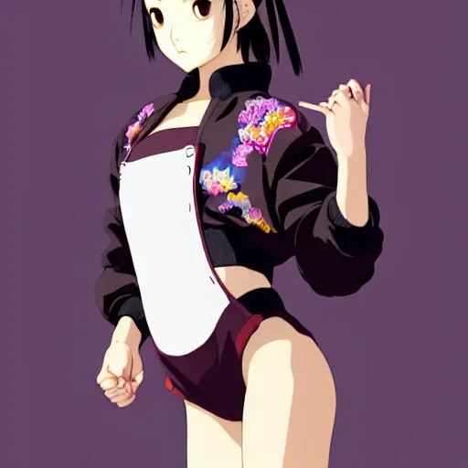 Image similar to a beautiful japanese natalie portman gravure model, wearing oversized native designer bomber jacket and leotard with overalls, bulky poofy bomber jacket with mesoamerican patterns, mesoamerican native street fashion, gapmoe yandere grimdark, trending on pixiv fanbox, painted by greg rutkowski makoto shinkai takashi takeuchi studio ghibli, akihiko yoshida