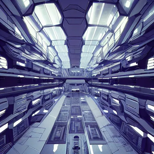 Image similar to detailed sci - fi art, artstation style, honeycomb halls, interior, futuristic government chambers, very large hall with many cubicles of desks and chairs arranged in circles, many computer screens, soft lamp illumination and multiple doorways, synthwave, futuristic utopian architecture