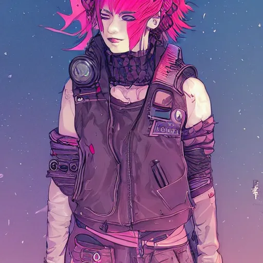 Image similar to portrait of a grungy cyberpunk anime in battle pose!!, very cute, by super ss, cyberpunk fashion, curly pink hair, night sky by wlop, james jean, victo ngai, muted colors, highly detailed