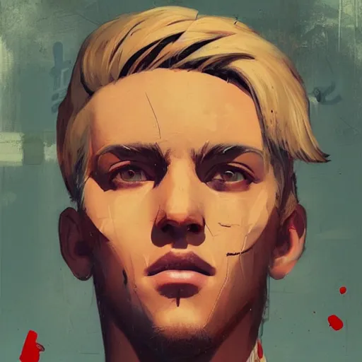 Prompt: Blondie beautiful guy profile picture by Greg Rutkowski, asymmetrical, Organic Painting , Matte Painting, geometric shapes, hard edges, graffiti, street art:2 by Sachin Teng:4