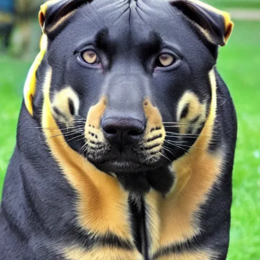 Image similar to a hybrid between a yellow lab and a panther, friendly but menacing