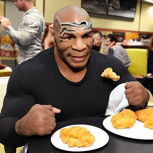 Prompt: Mike tyson sitting at a table in McDonald’s eating 200 chicken nuggets