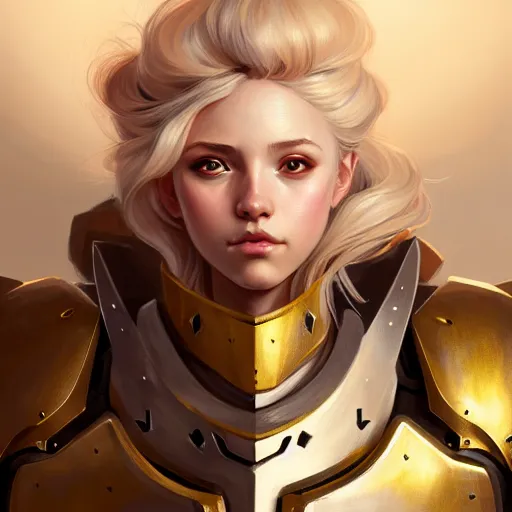 Image similar to Portrait of a girl with blonde hair wearing a heavy knight armor, Overwatch inspired, golden accents, face, fantasy, intricate, elegant, highly detailed, digital painting, artstation, concept art, smooth, sharp focus, illustration, art by Wei Fan and Fernanda Suarez and Artem Demura and alphonse mucha