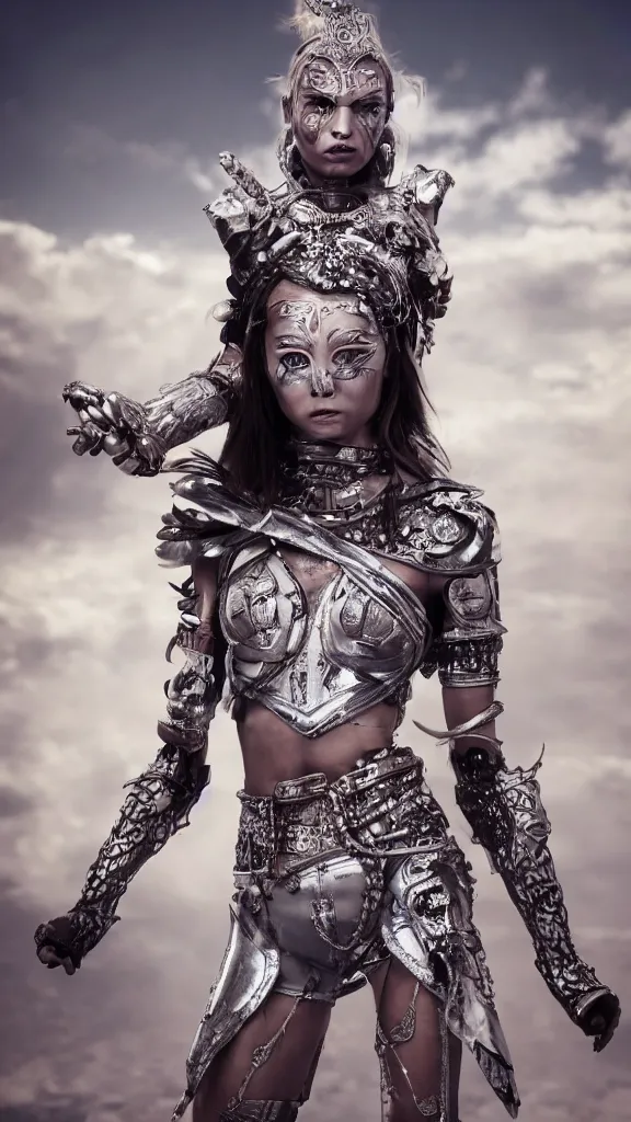 Prompt: exotic female athletic warrior wearing silver ornate detailed armour, transparent plastic clothing, dirt and sweat on body, elegant face, smudged running makeup, haute couture, regal, straps belts and harnesses, urban style, unreal engine, bloom, cinematic camera,