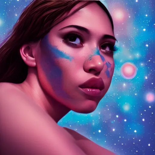 Image similar to photo of a beautiful girl in the style of mark seliger, close up, views of the universe, kawaii, chris moore, trending on artstation