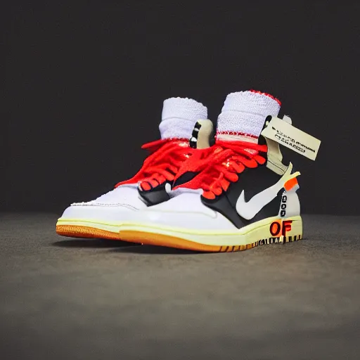 Image similar to a studio photoshoot of Nike Off-white Jordan 1 sneakers designed by Virgil Abloh, knitted mesh material, gum rubber outsole, realistic, color film photography by Tlyer Mitchell, 35 mm, Graflex