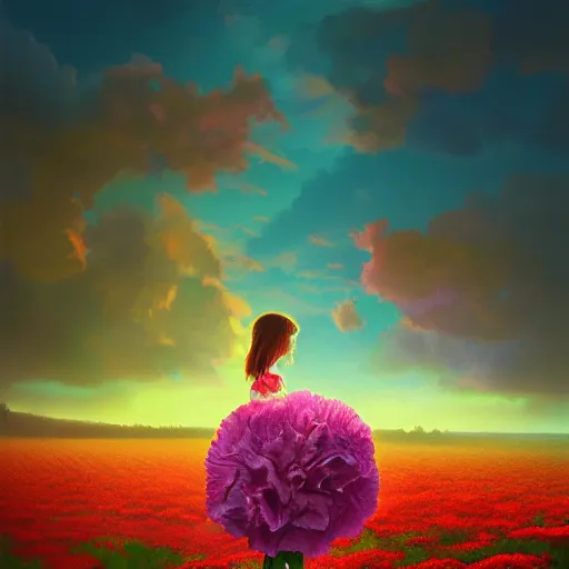 Prompt: head of carnations flower, girl in a flower field, surreal photography, sunrise dramatic light, impressionist painting, colorful clouds, digital painting, artstation, simon stalenhag, flower face