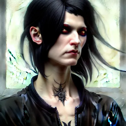 Image similar to portrait painting of an androgynous witch with shoulder length black hair pale skin and beautiful eyes wearing a punk clothes, ultra realistic, concept art, intricate details, eerie, highly detailed, photorealistic, octane render, 8 k, unreal engine. art by artgerm and greg rutkowski and magali villeneuve and alphonse mucha