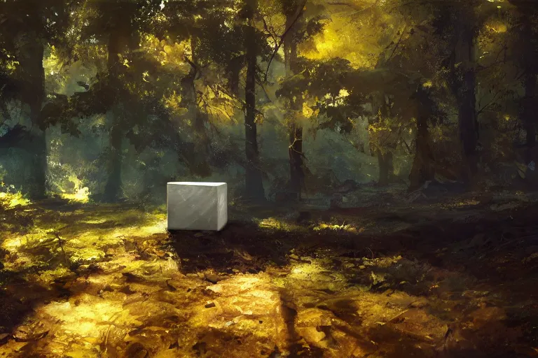 Image similar to An oil painting of a cube in a forest by Craig Mullins, dramatic lighting, realistic shadows, establishing shot, extremely high detail, artstation