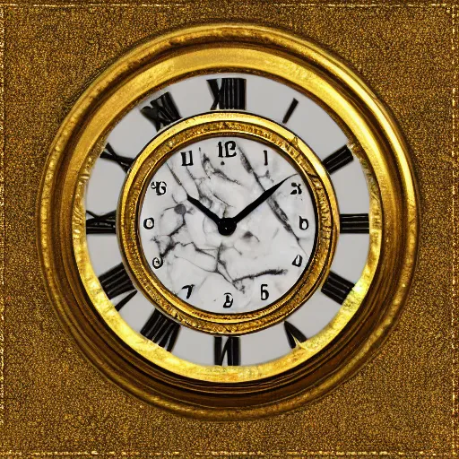Prompt: marble and gold angelic clock face with a marble human face in the center and rigid gold wings on its sides, digital art