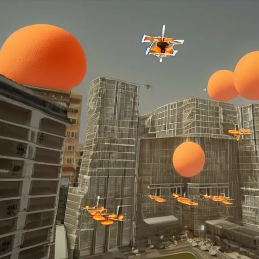 Prompt: an orange white quadcopters flies among big buildings, moon colonial station, photorealistic, 2 0 2 2