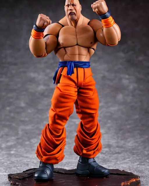 Image similar to a toy action figure of a fusion of dwayne johnson and goku, real life, studio lighting, professional photography