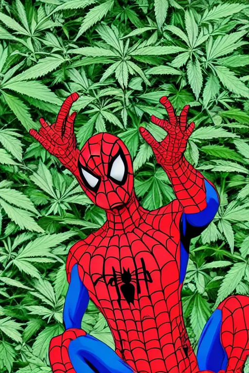 Prompt: chiba spiderman, surrounded by marijuana leaves