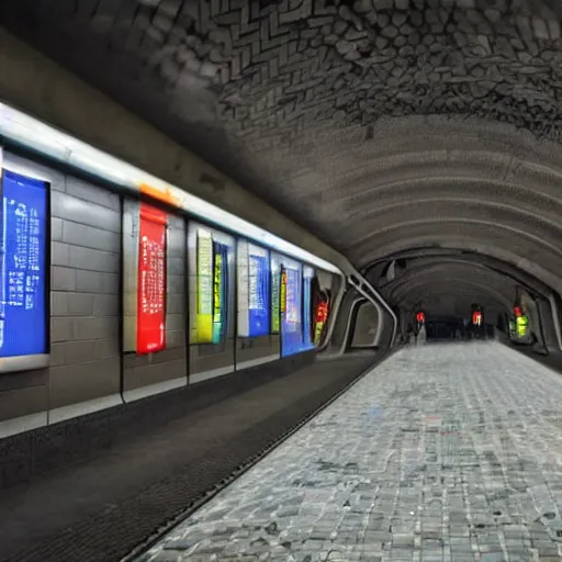 Prompt: a cyberpunk empty metro station with gak written on the wall, highly detailed, blade runner