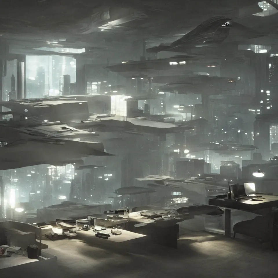 Prompt: blade runner style home office utopia