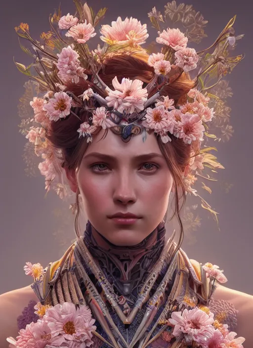 Image similar to symmetry!! portrait of floral! horizon zero dawn machine, intricate, elegant, highly detailed, digital painting, artstation, concept art, smooth, sharp focus, illustration, art by artgerm and greg rutkowski and alphonse mucha, 8 k