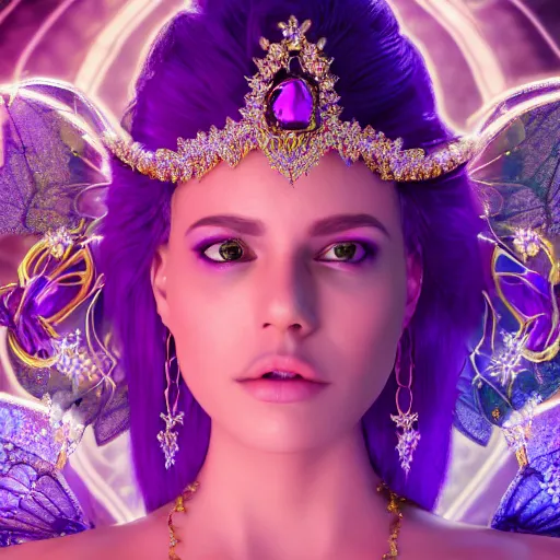 Image similar to portrait princess of amethyst, glowing, ornate and intricate purple jewelry, jaw dropping beauty, glowing background lighting, purple accent lighting, hyper detailed, fairy tale, 4 k octane render