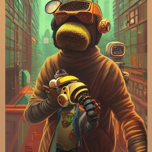 Image similar to cheburashka futurama furry cyberpunk apocalyptic portrait by gaston bussierre and charles vess and james jean and erik jones and rhads, inspired by rick and morty, epic, funny, huge scale, beautiful fine face features, intricate high details, sharp, ultradetailed