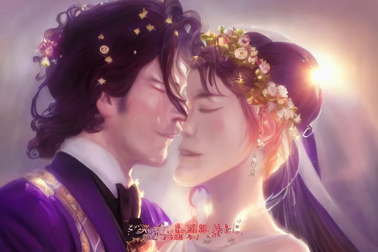 Image similar to a cinematic portrait of wedding photograph jpeg close up moment of a divine a japan sun god and moon goddess lovers magician at a wedding banquet. portraiture. digital painting. artstation. concept art. wedding photo. digital painting. violet evergarden art masterpiece by art by krenz cushart