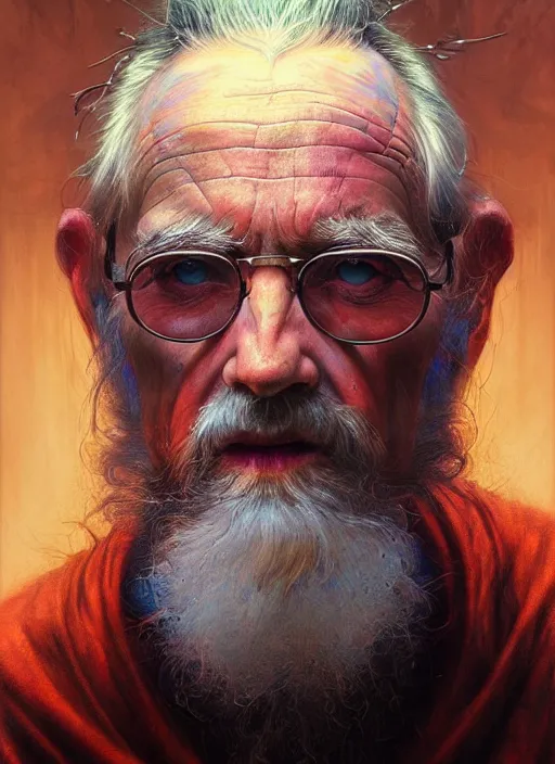 Prompt: masterpiece portrait of old man with wide open eyes, retina splits up in mutiple colors and shades, intense look, hyper realistic face, volumetric lighting, celtic fantasy art, psychedelic, in the style of greg rutkowski, donato giancola, tom bagshaw, intricate, hyper detailed, smooth, vibrant aura
