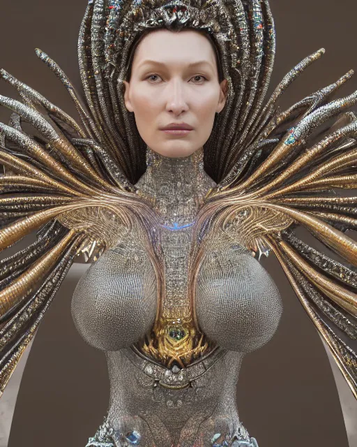 Image similar to a highly detailed metahuman 4 k close up render of an alien goddess bella hadid monument demon in iris van herpen dress schiaparelli in diamonds crystals swarovski and jewelry iridescent in style of alphonse mucha gustav klimt trending on artstation made in unreal engine 4