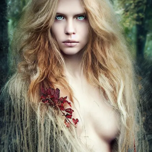 Prompt: beautiful nordic volva with blonde red wavy hair and clean eyes standing in a autumn forest, soft flawless pale skin ultra - detailed face, dramatic dark lighting, hyperrealistic photo luis royo, wlop