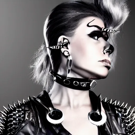 Prompt: a digital artwork of futuristic woman wearing technological large steel spiked collar, steel choker on neck, cyberpunk ,4K, portrait, punk hairstyle,