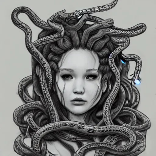 Prompt: pencil drawing of the head of medusa wearing snakes heads in the berserk manga, jennifer lawrence showing fangs, big snakes heads, by kentaro miura