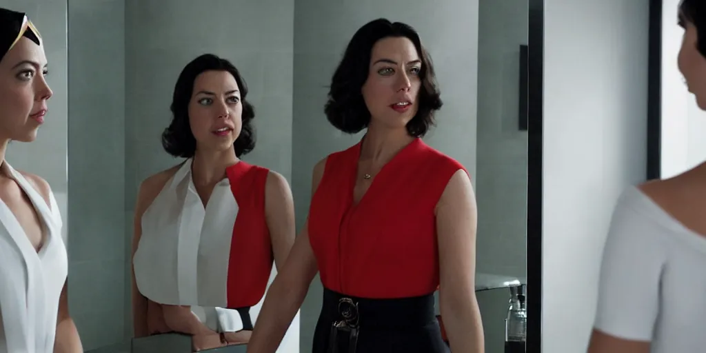 Image similar to ultra wide angle photo of aubrey plaza dressed in a white blouse and black dress pants as diana prince looking at herself in a bathroom mirror and seeing her reflection as wonder woman