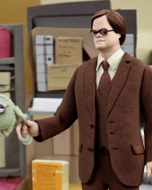 Image similar to a still if dwight schrute with brown suit as a muppet in the office. highly detailed felt. hyper real photo. 4 k.