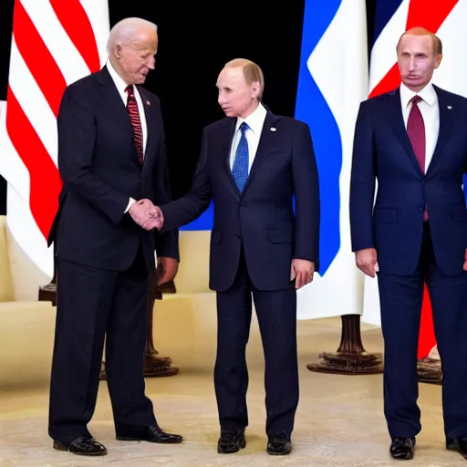 Image similar to biden and putin are in big pain while handshacking each other