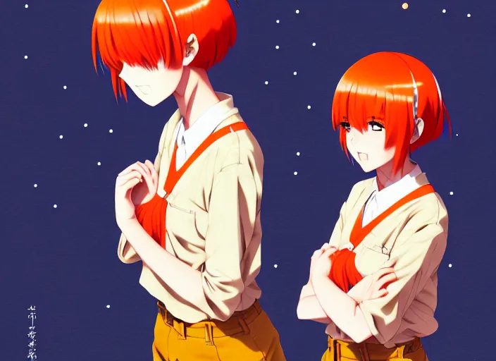 Image similar to anime girl with orange short hair in the form of two pigtails in the Soviet pioneer form,omoide emanon, tsuruta kenji, murata range,kawaii, kyoto animation, manga,katsura masakazu, intricate, detailed, studio lighting, gradation,editorial illustration, matte print, Ilya Kuvshinov