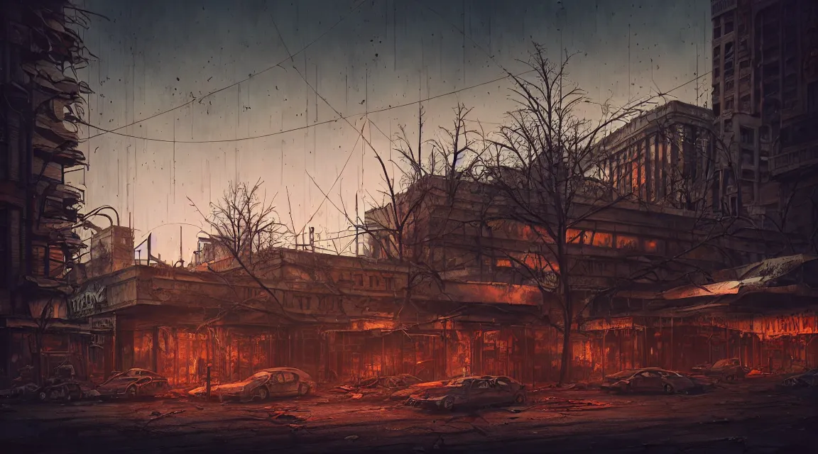 Image similar to post apocalyptic city fair building, dusk, building, avenue, americana architecture, by pascal blanche, neil blevins, apocalyptic color palette, trending on artstation, photorealistic, wilderness ambiance, ultra detailed, high definition, depth of field, bokeh, rubble, nature overgrowth, blood stains, building crumbling