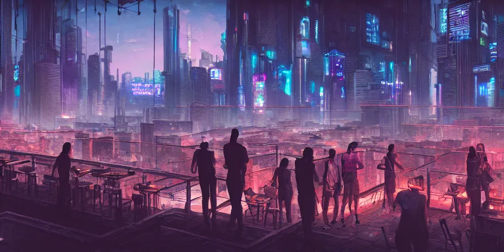 Prompt: an intricate digital illustration concept art of a people on a rooftop bar in a cyberpunk megastructure city overviewing a desolate destroyed city, sci-fi, cinematic lighting, hyper realistic, art by dylan cole, detailed matte painting, digital art, neon color palette