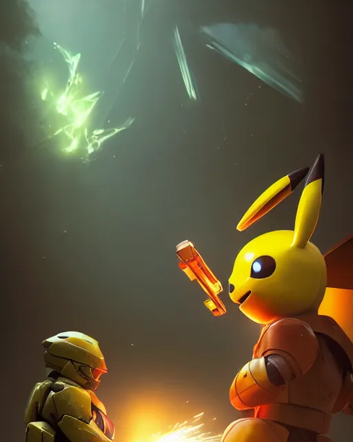 Image similar to master chief playing pikachu in pokemon, complex 3 d render by ilya kuvshinov, peter mohrbacher, greg rutkowski, ryohei hase, dramatic lighting, intricate, highly detailed, sharp focus, luminous, unreal engine, blender, artstation, masterpiece, ray tracing