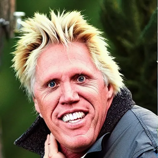 Image similar to gary busey as a garden gnome