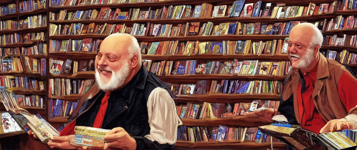 Image similar to an awesome jean giraud digital painting of robert anton wilson telling jokes at a local bookstore in the new age section