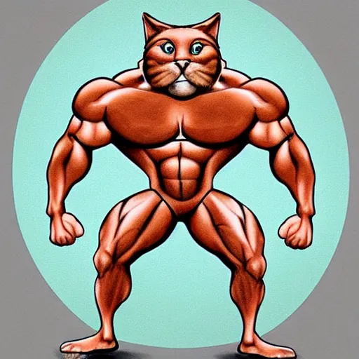 Image similar to a colored caricature drawing of a cat that is a bodybuilder