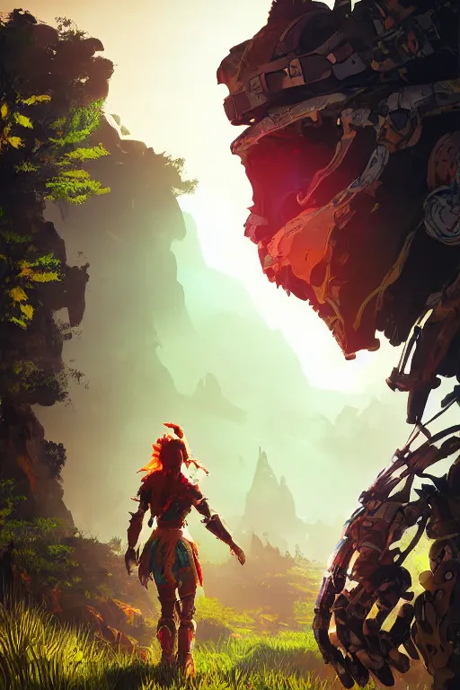 Image similar to combination suit armor aloy horizon forbidden west horizon zero dawn radiating a glowing aura global illumination ray tracing hdr fanart arstation by ian pesty and alena aenami artworks in 4 k tribal robot ninja mask helmet backpack