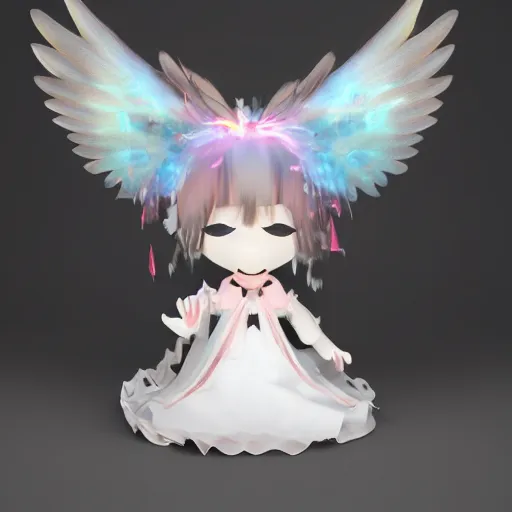 Image similar to cute fumo plush of a divine angel, gothic maiden, ribbons and flowers, ruffled wings, feathers raining, particle simulation, clouds, vray, outline glow lens flare burning sun