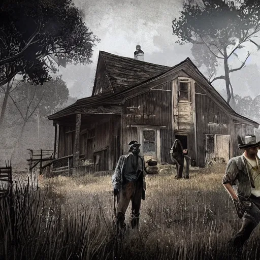 Prompt: small old house in the deep dark woods, sweaty and dirty, in the style of red dead redemption, criminals posing outside, concept art, artstation