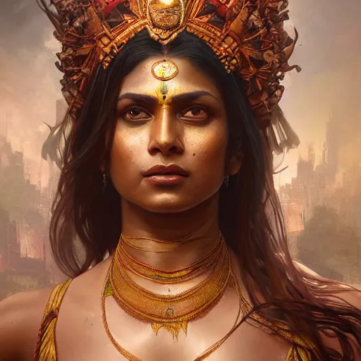 Prompt: wide portrait painting of a oiled muscular bloodied indian goddess, ultra realistic, concept art, intricate details, eerie, highly detailed, photorealistic, octane render, 8 k, unreal engine. art by artgerm and greg rutkowski and alphonse mucha