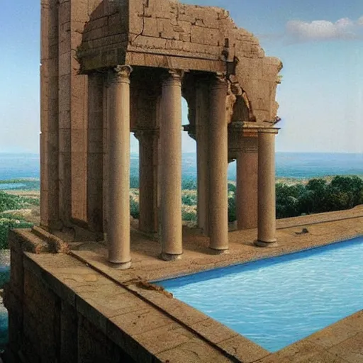 Image similar to David Ligare masterpiece, hyperrealistic surrealism, award winning masterpiece with incredible details, epic stunning, infinity pool, a surreal vaporwave liminal space, highly detailed, trending on ArtStation, broken giant marble head statue ruins, calming, meditative, pink arches, flowing silk sheets, geometric liminal space, palm trees, very vaporwave, very very surreal, sharp details, artgerm and greg rutkowski and alphonse mucha, daily deviation, IAMAG