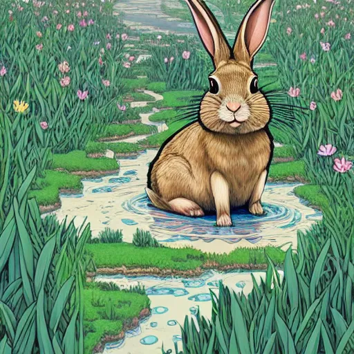 Image similar to rabbit burrow beside a flower lined river extremely detailed, sharp focus, wide view, full body shot, smooth, digital illustration, by james jean, by rossdraws, frank franzzeta, sakimichan rutkowski