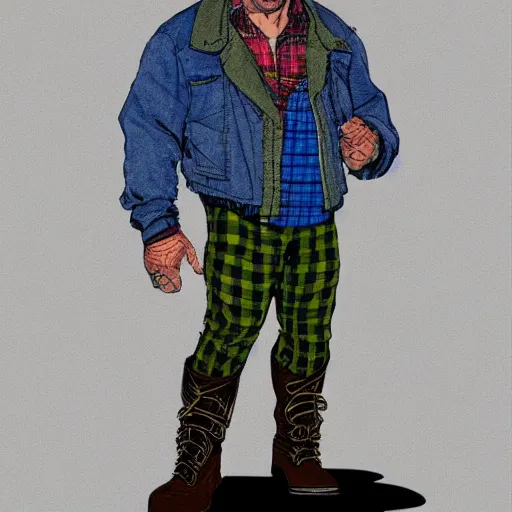 Image similar to character concept art HD render of a modern human, with a strongman's build, wearing a flannel jacket and blue jeans. by Michael William Kaluta.