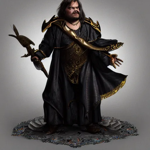 Prompt: professionally-painted ultradetailed ornate RPG award winning masterpiece illustration of Jack Black, fully clothed with black robe with silver ornates, digital airbrush painting, 3d rim light, hyperrealistic, artstation, cgsociety, kodakchrome, golden ratio