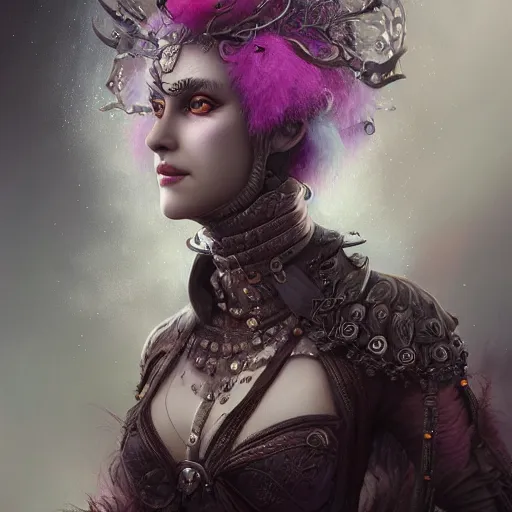 Prompt: tom bagshaw, soft painting fractal curiosities carnival fur, very beautiful female tigress mutation in full nightshade gothic armor, accurate features, focus, very intricate ultrafine details, black white purple volumetric clouds, award winning masterpiece, octane render 8 k hd